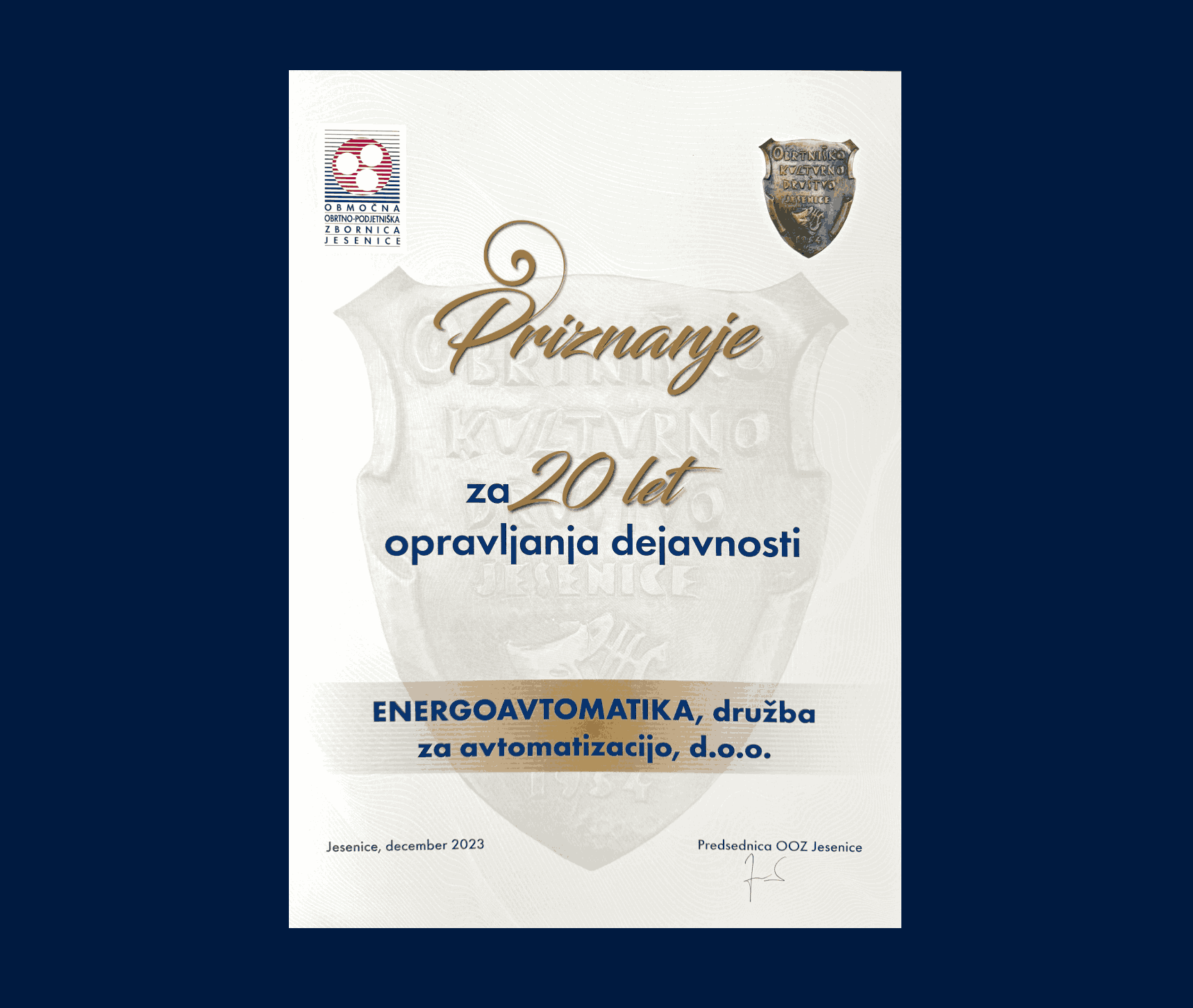 o-nas_priznanje Priznanje za 20 let obratovanja